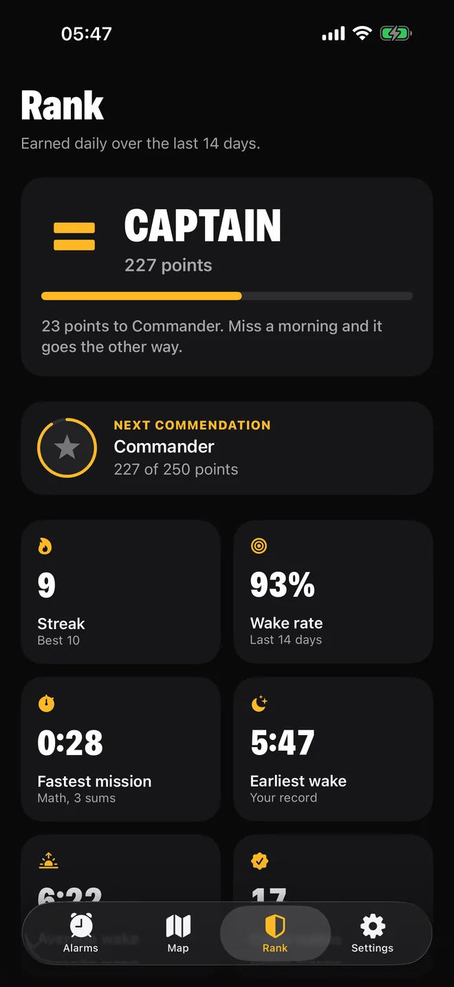 The Rank screen: Captain insignia, points, the next commendation and personal records.
